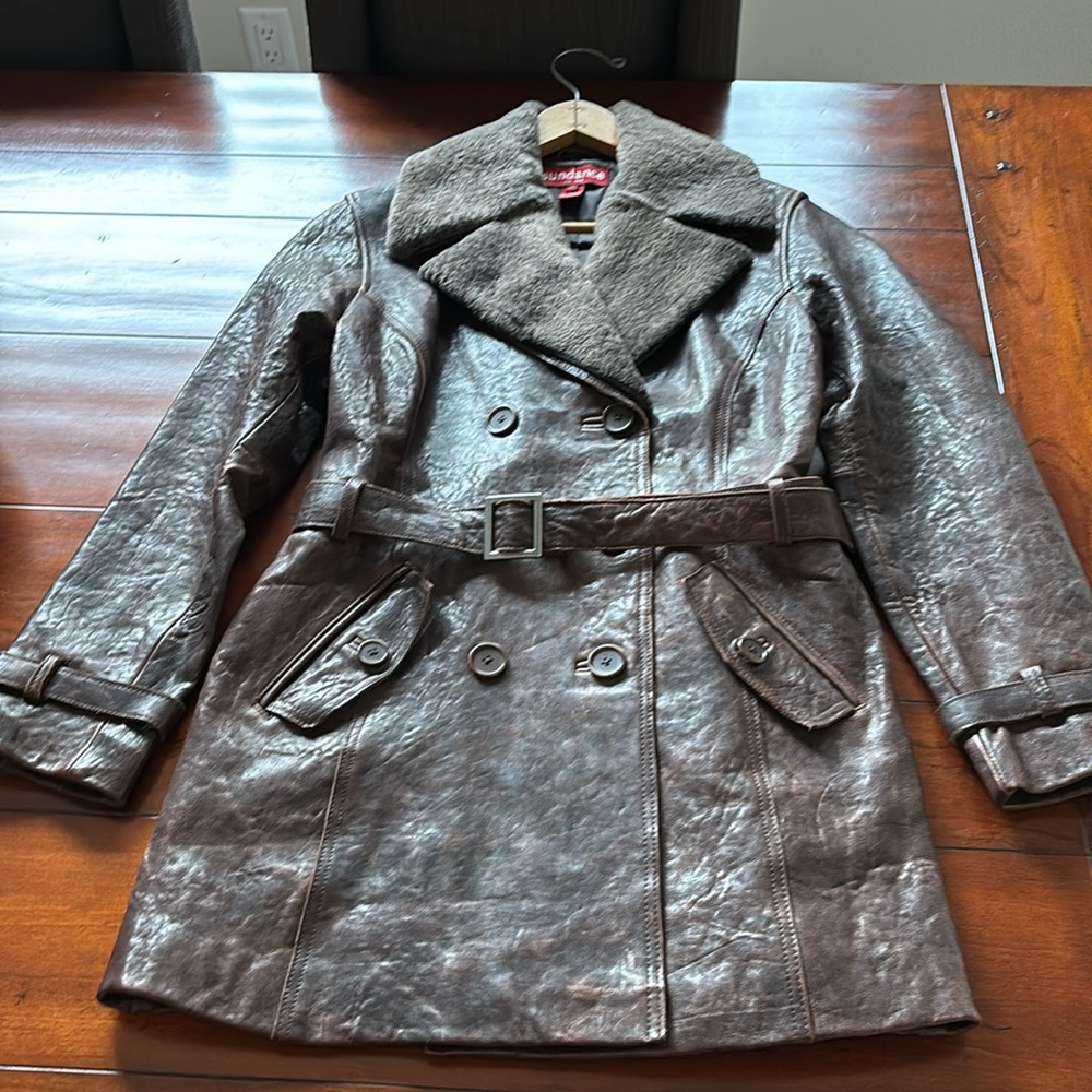 Sundance Catalog leather trench with fleece collar